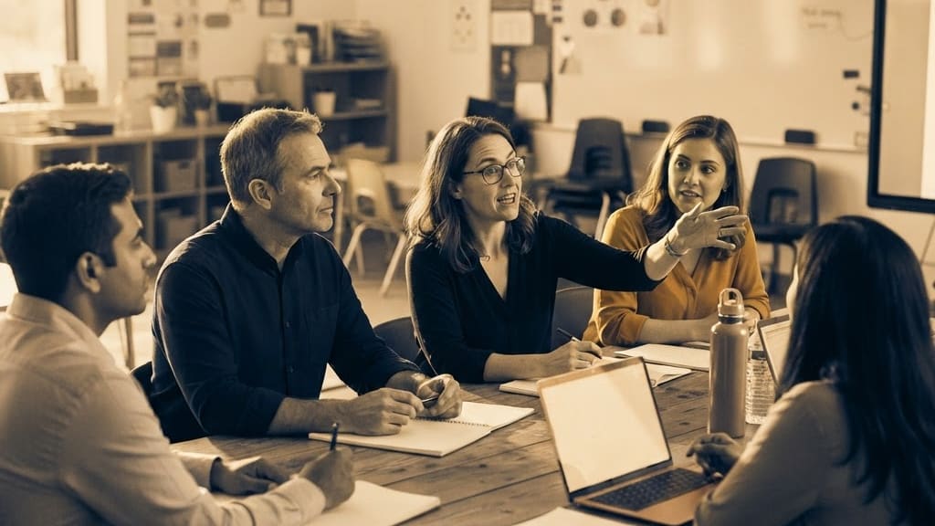 Grupo de docentes conversando en un aula durante una formación