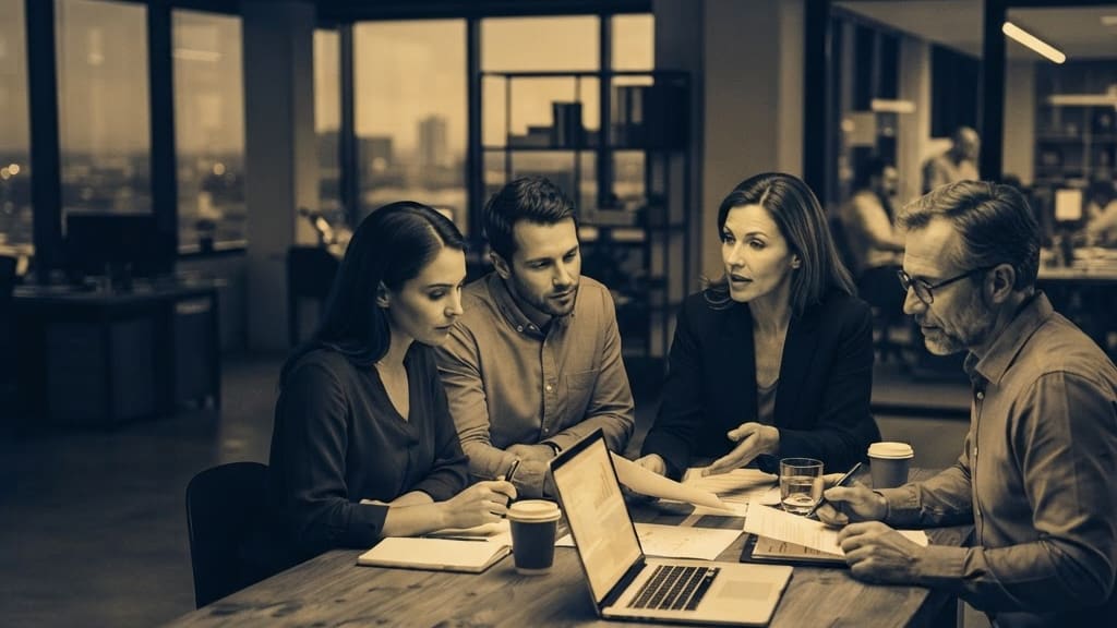 Equipo de una empresa revisando documentos con un portátil durante una sesión de trabajo